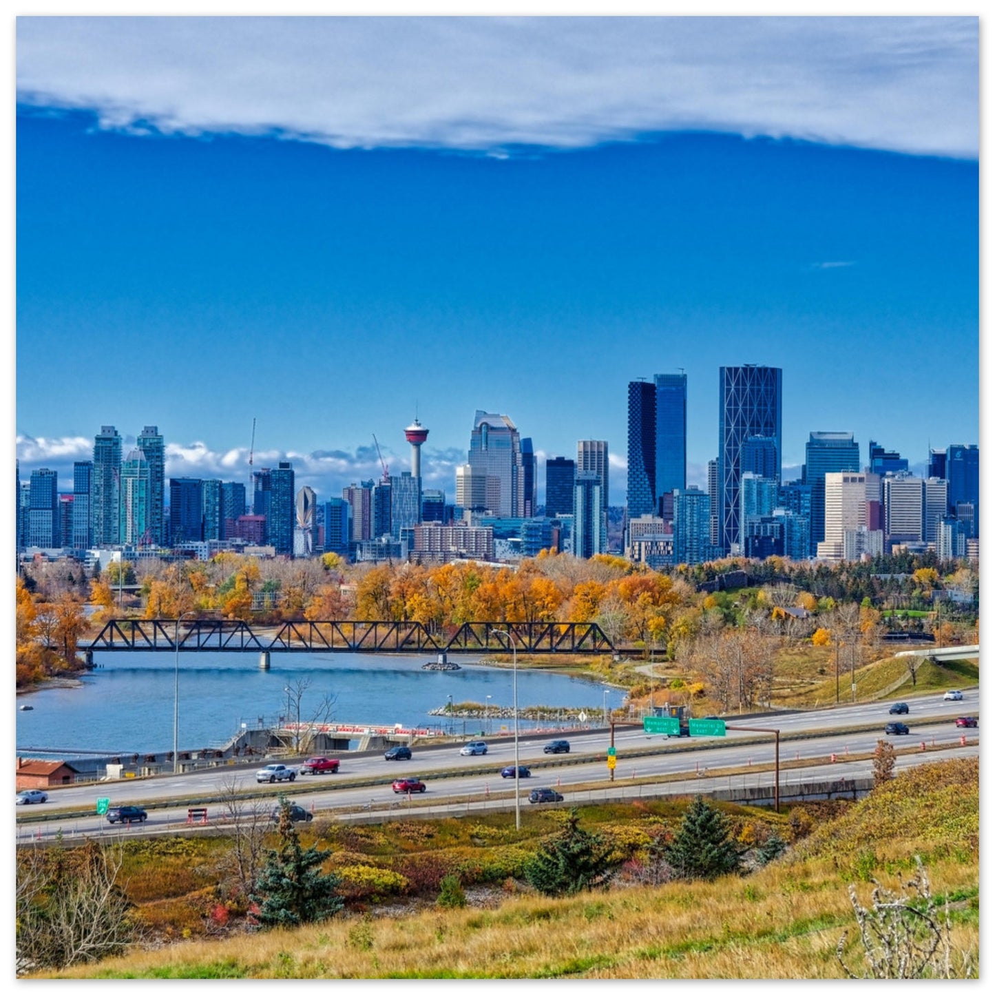 Premium Semi-Glossy Poster Print - Downtown Calgary Max Bell Centre Fall HDR