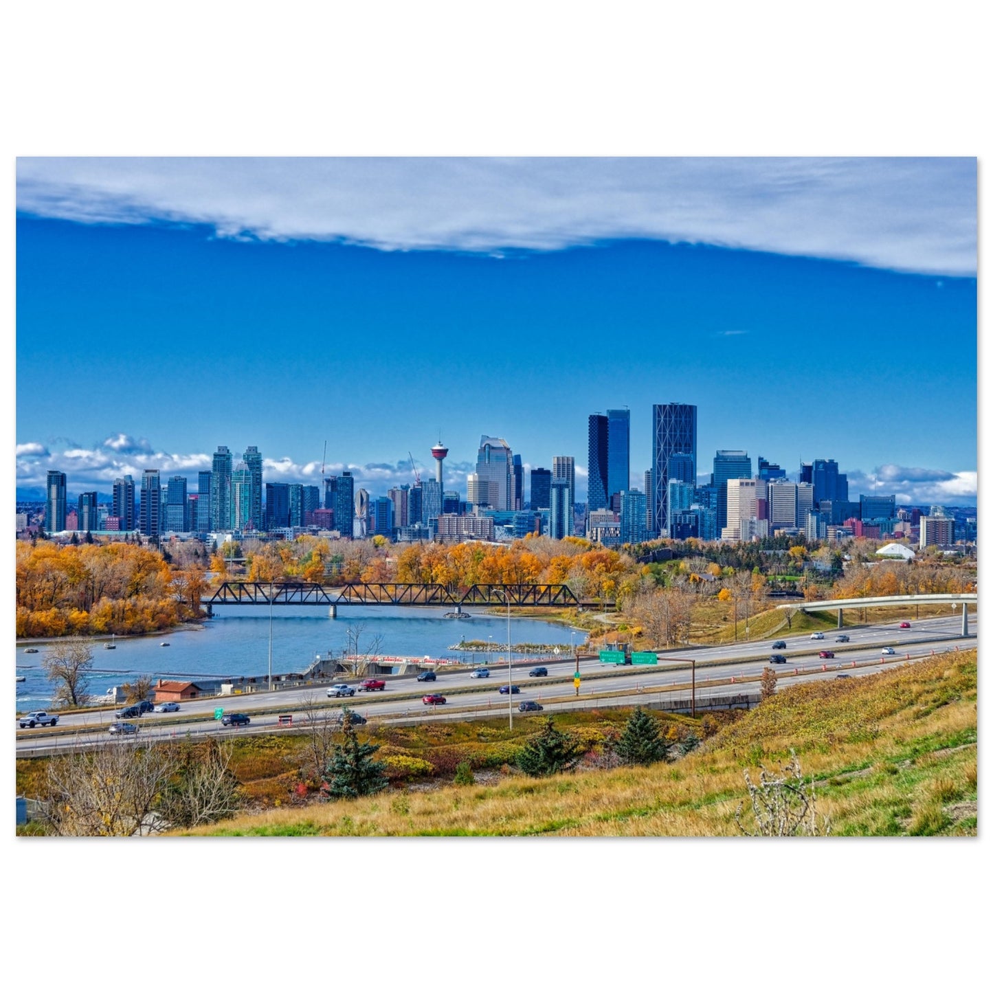 Premium Semi-Glossy Poster Print - Downtown Calgary Max Bell Centre Fall HDR