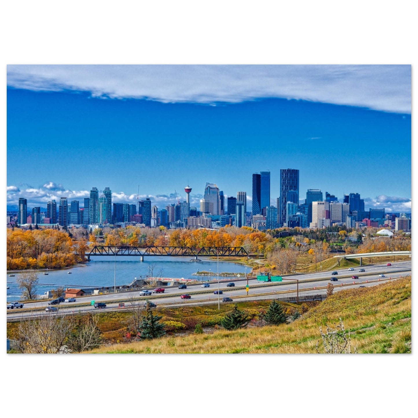 Premium Semi-Glossy Poster Print - Downtown Calgary Max Bell Centre Fall HDR