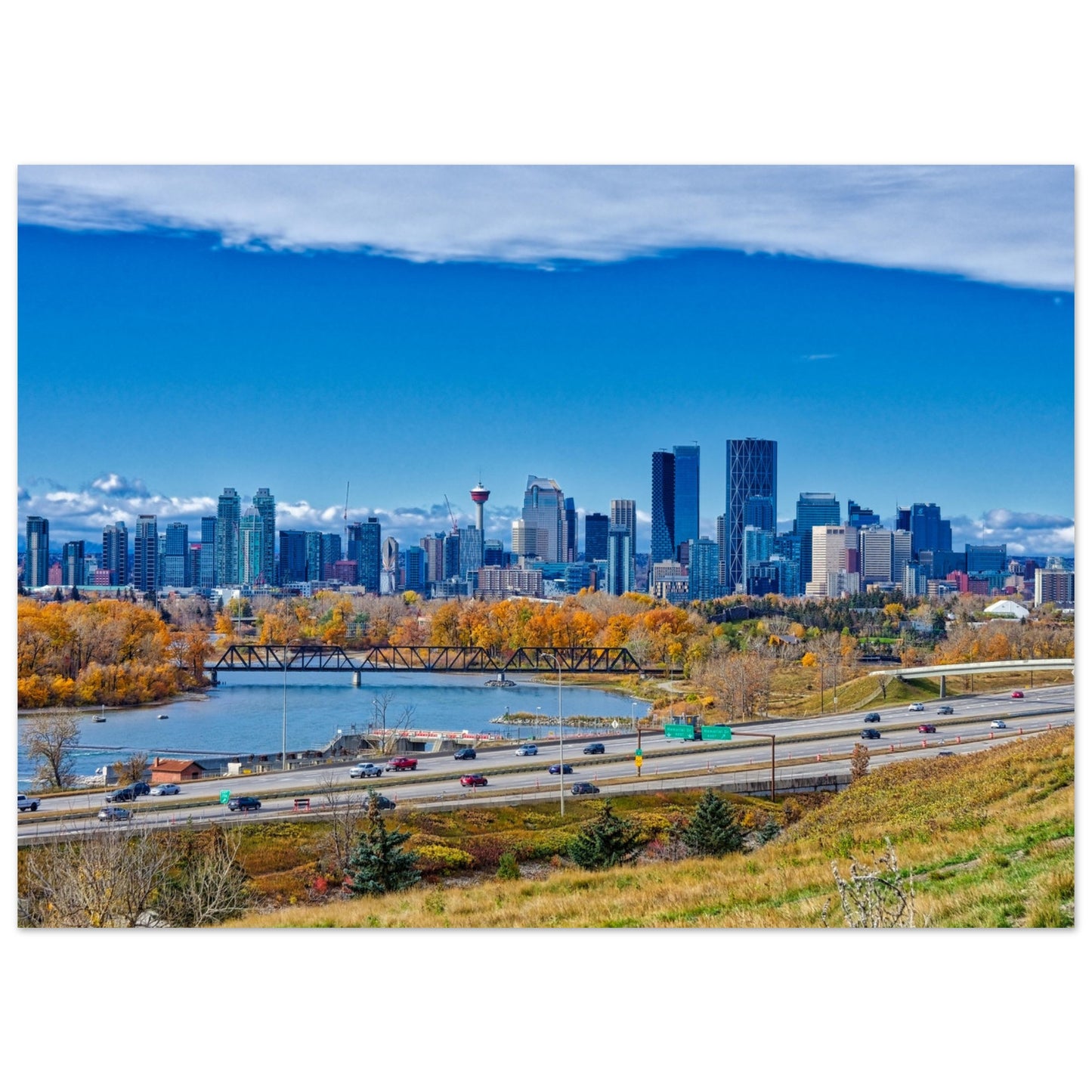 Premium Semi-Glossy Poster Print - Downtown Calgary Max Bell Centre Fall HDR