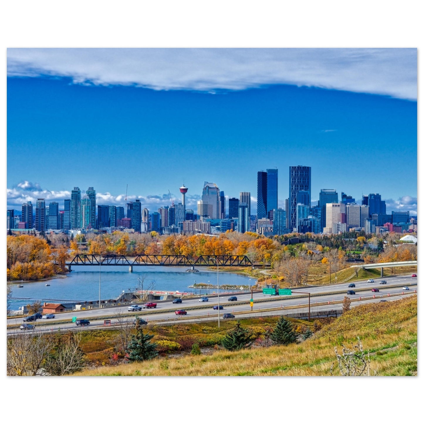 Premium Semi-Glossy Poster Print - Downtown Calgary Max Bell Centre Fall HDR