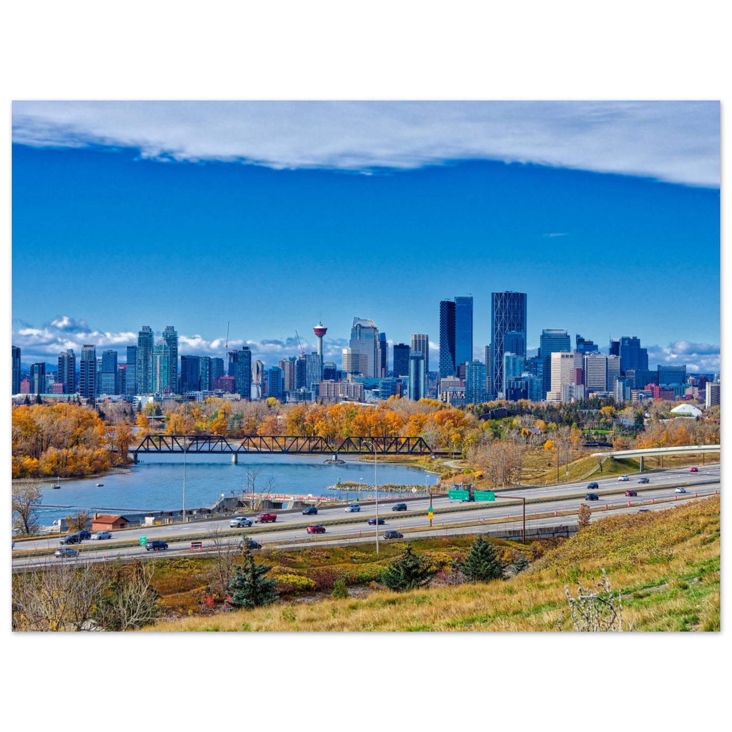 Premium Semi-Glossy Poster Print - Downtown Calgary Max Bell Centre Fall HDR