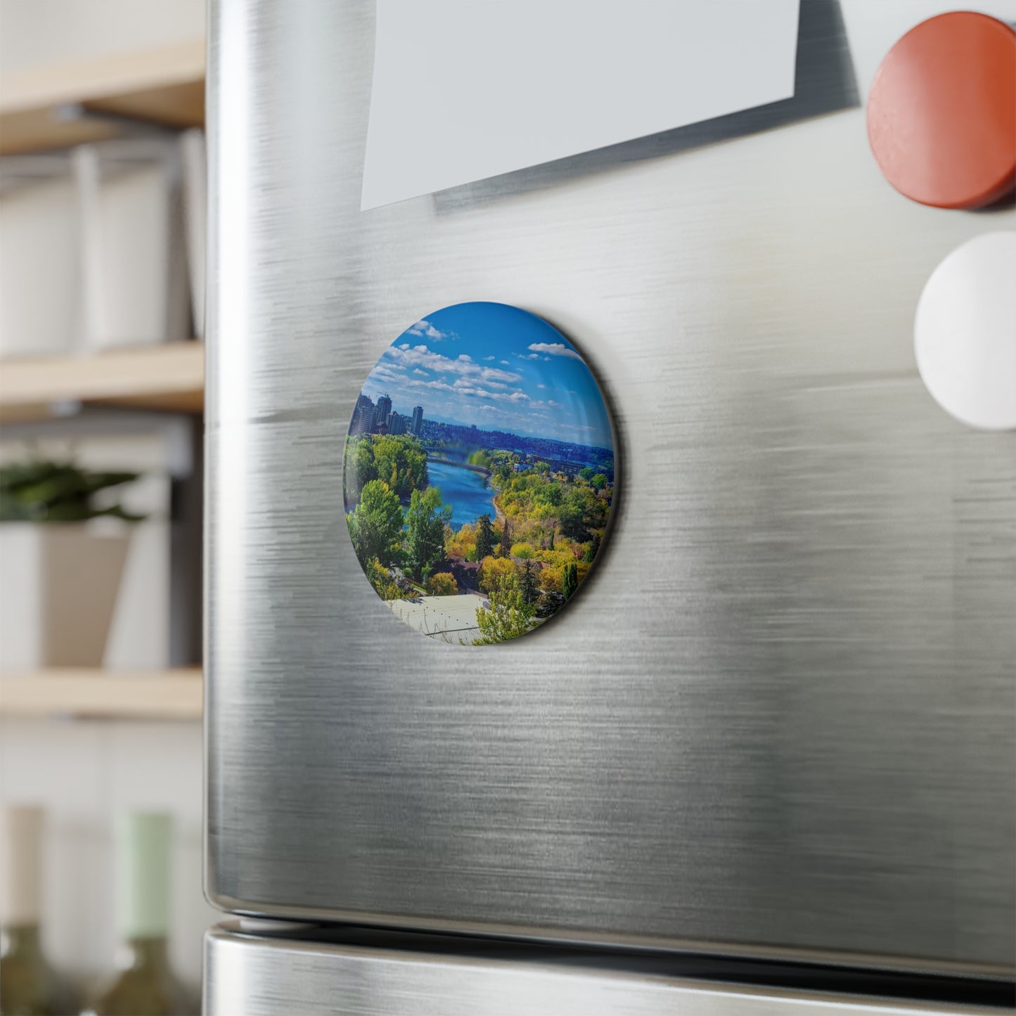 Button Magnet, Round (1 & 10 pcs) - Bow River Peace Bridge McHugh Bluff Fall HDR