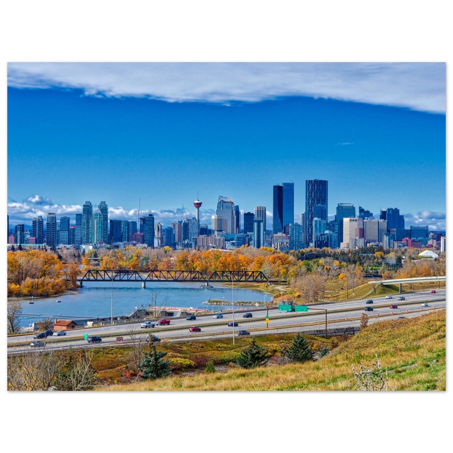 Premium Semi-Glossy Poster Print - Downtown Calgary Max Bell Centre Fall HDR