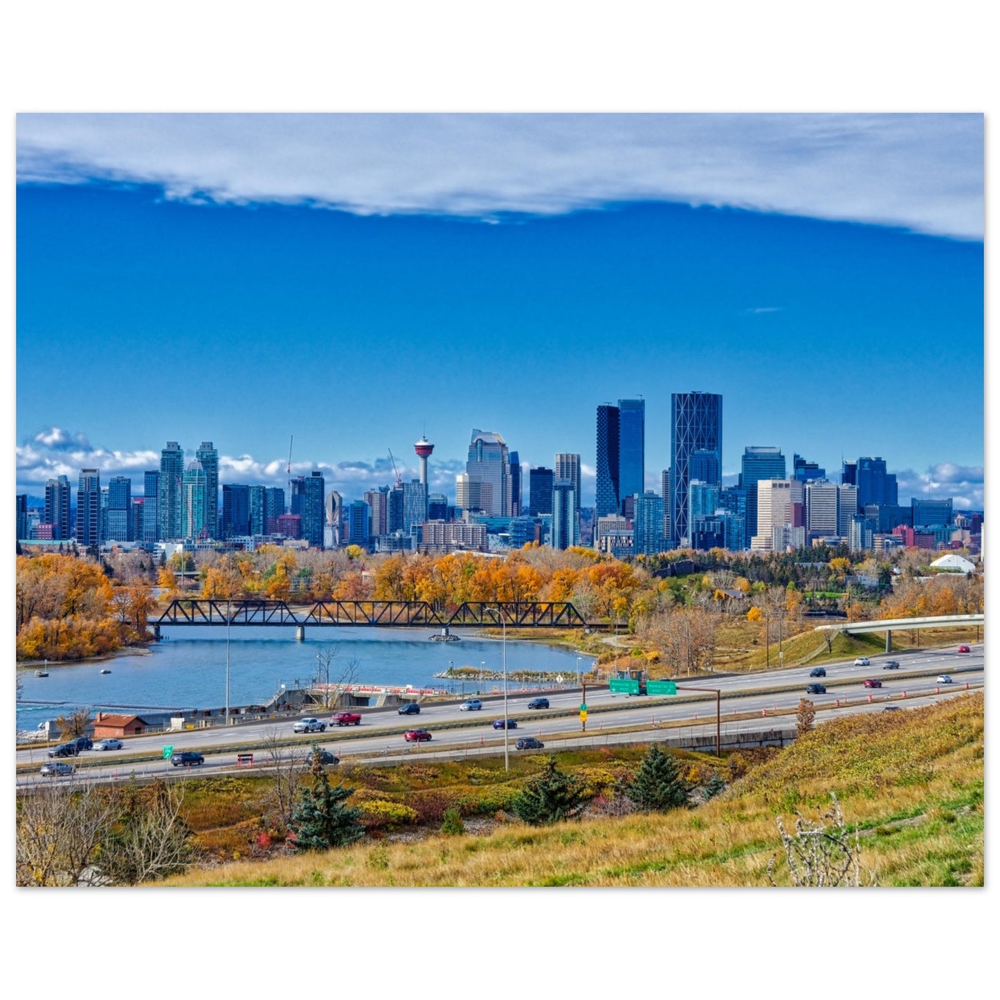 Premium Semi-Glossy Poster Print - Downtown Calgary Max Bell Centre Fall HDR