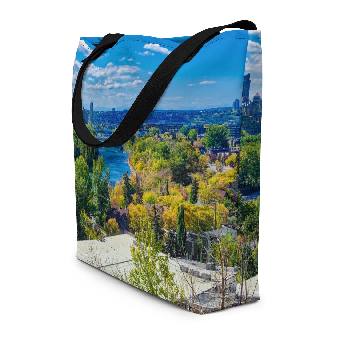 All-Over Print Large Tote Bag - Bow River Peace Bridge McHugh Bluff Fall HDR