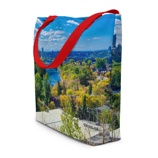 All-Over Print Large Tote Bag - Bow River Peace Bridge McHugh Bluff Fall HDR