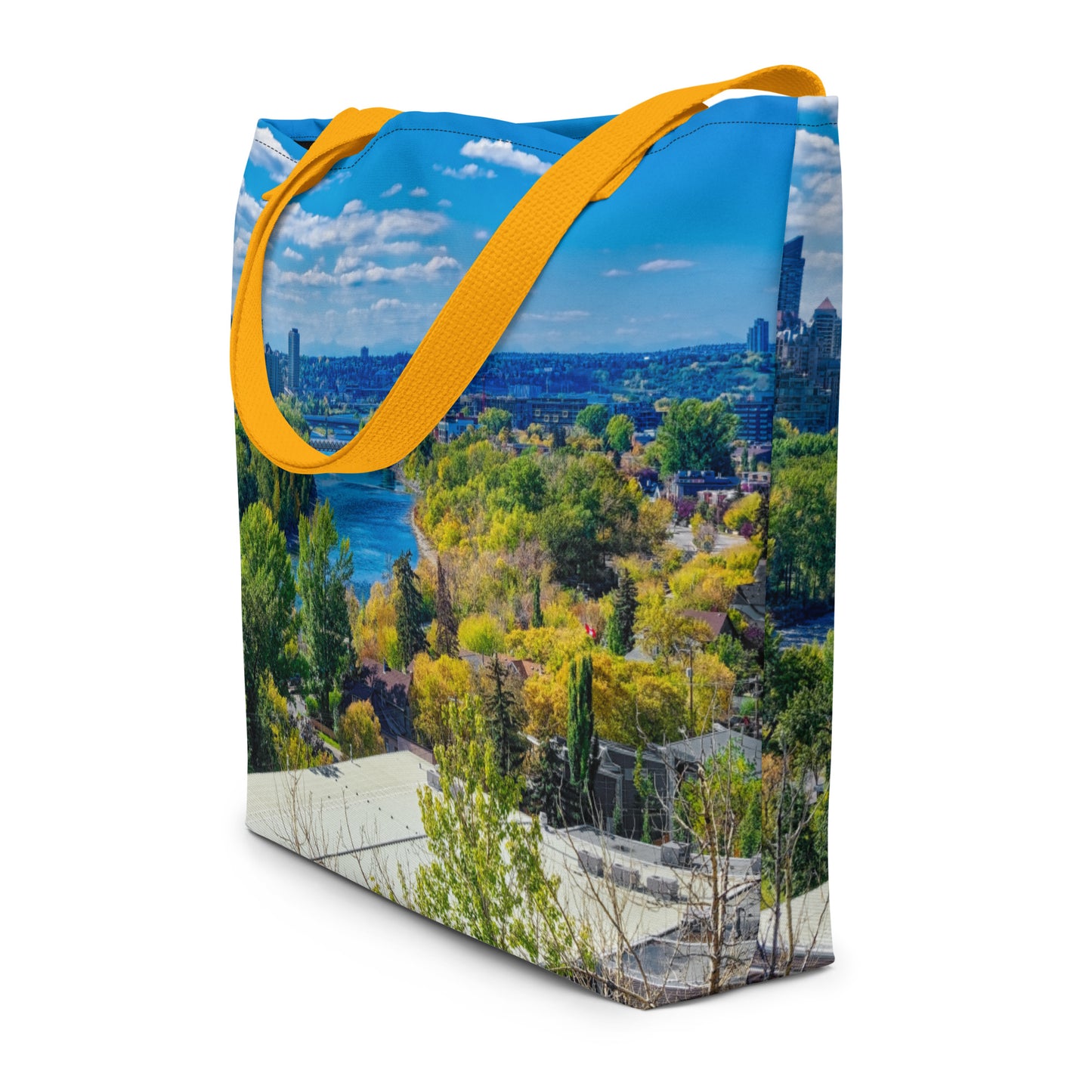 All-Over Print Large Tote Bag - Bow River Peace Bridge McHugh Bluff Fall HDR