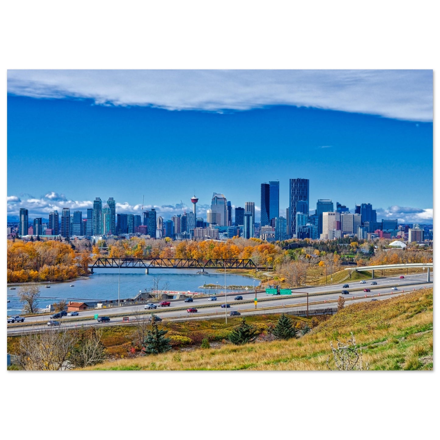 Premium Semi-Glossy Poster Print - Downtown Calgary Max Bell Centre Fall HDR