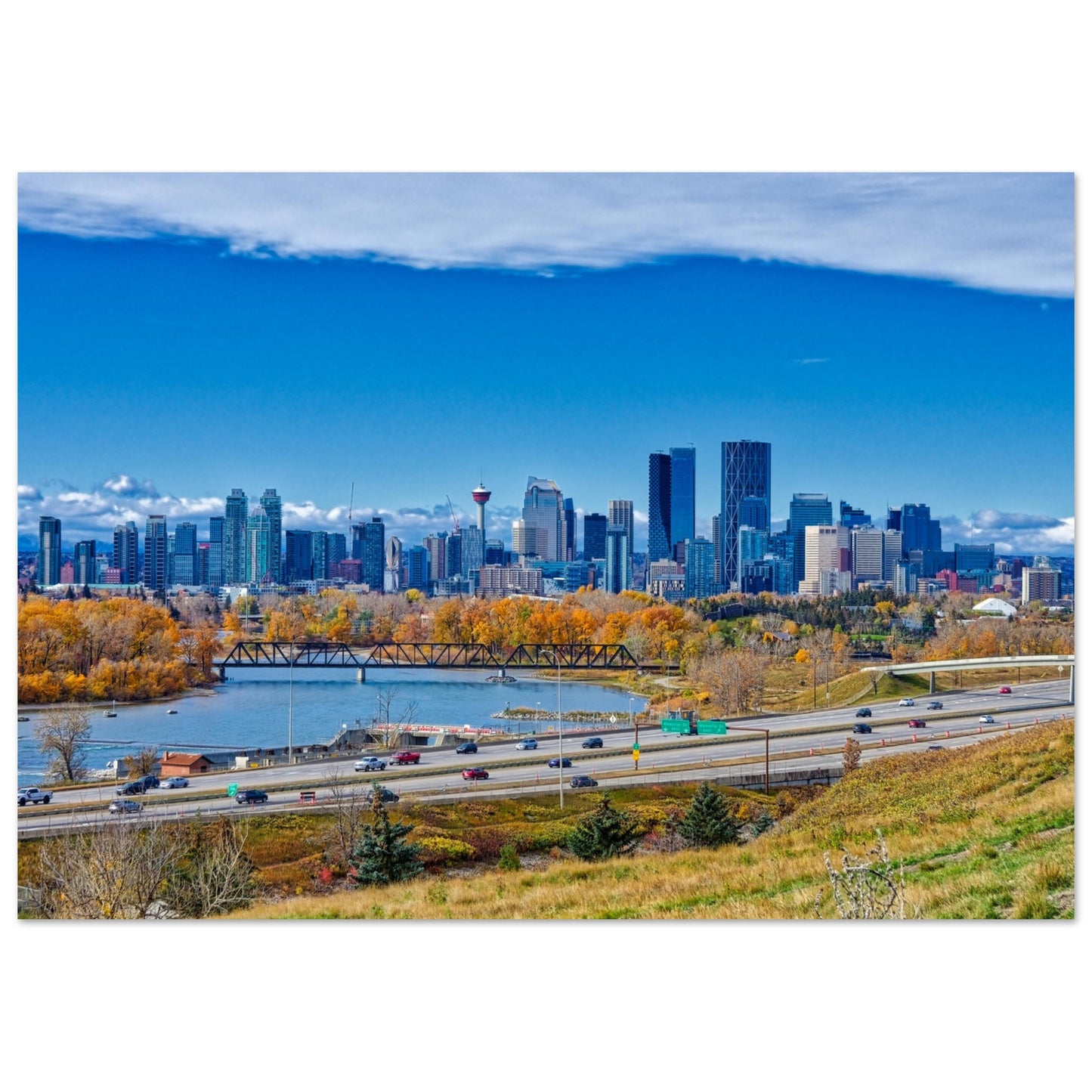 Premium Semi-Glossy Poster Print - Downtown Calgary Max Bell Centre Fall HDR