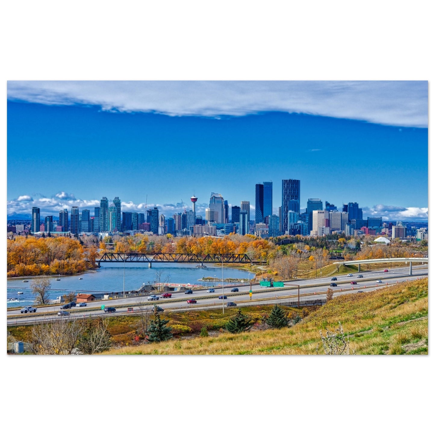 Premium Semi-Glossy Poster Print - Downtown Calgary Max Bell Centre Fall HDR