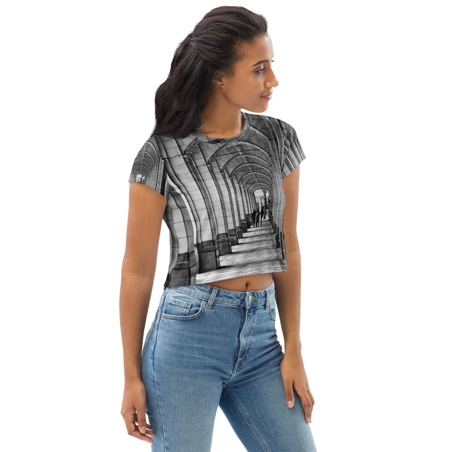 All-Over Print Crop Tee - Downtown Calgary Hudson's Bay Sidewalk Black and White