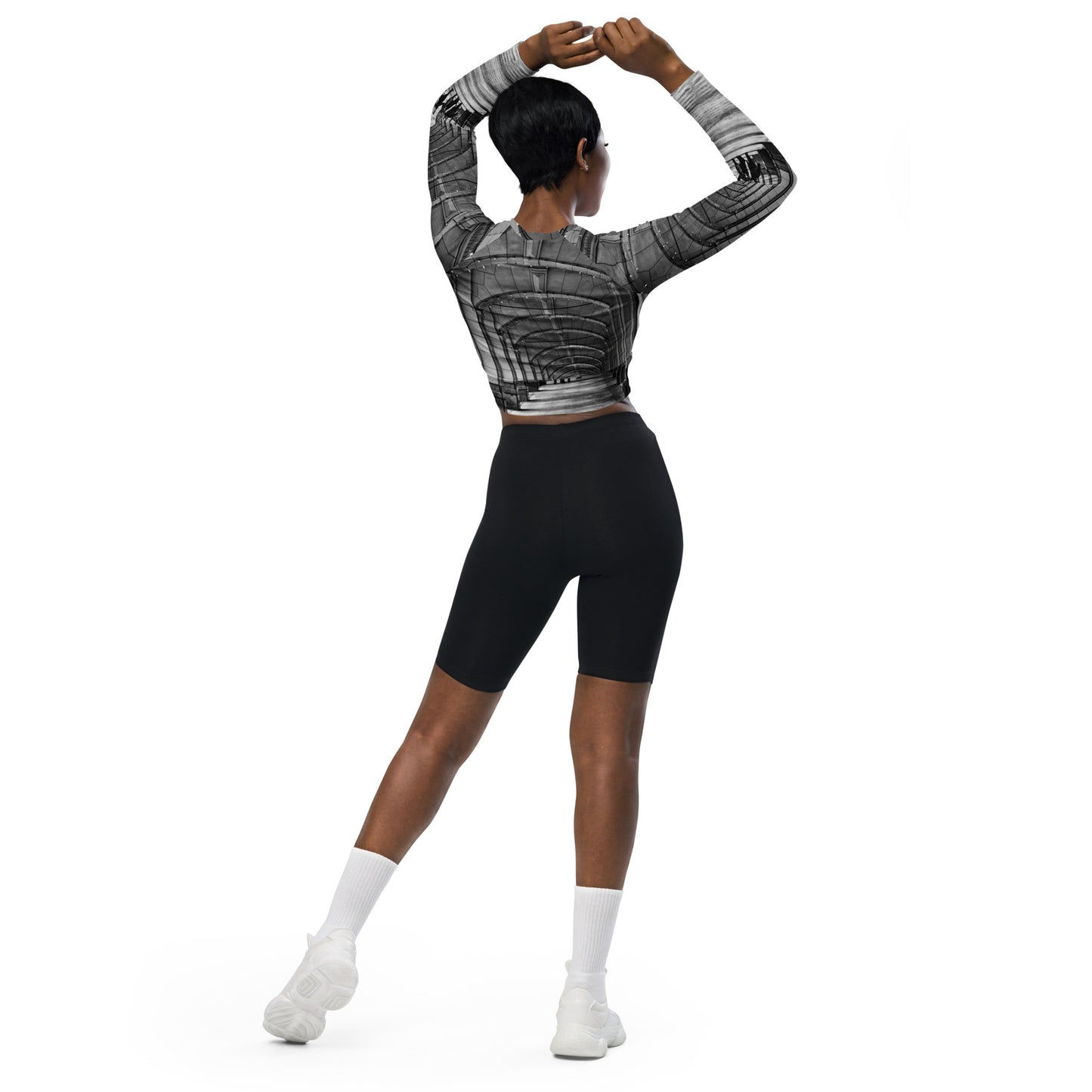 Recycled Long-Sleeve Crop Top - Downtown Calgary Hudson's Bay Sidewalk Black and White