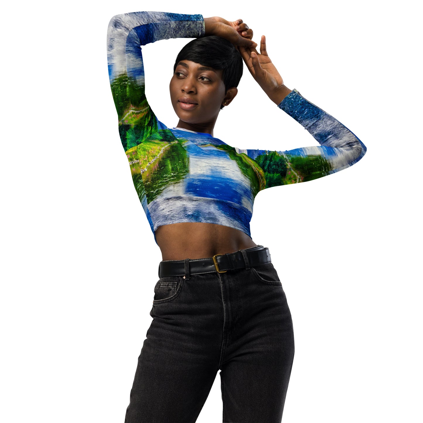 Recycled Long-Sleeve Crop Top - Penticton Okanagan River Channel HDR