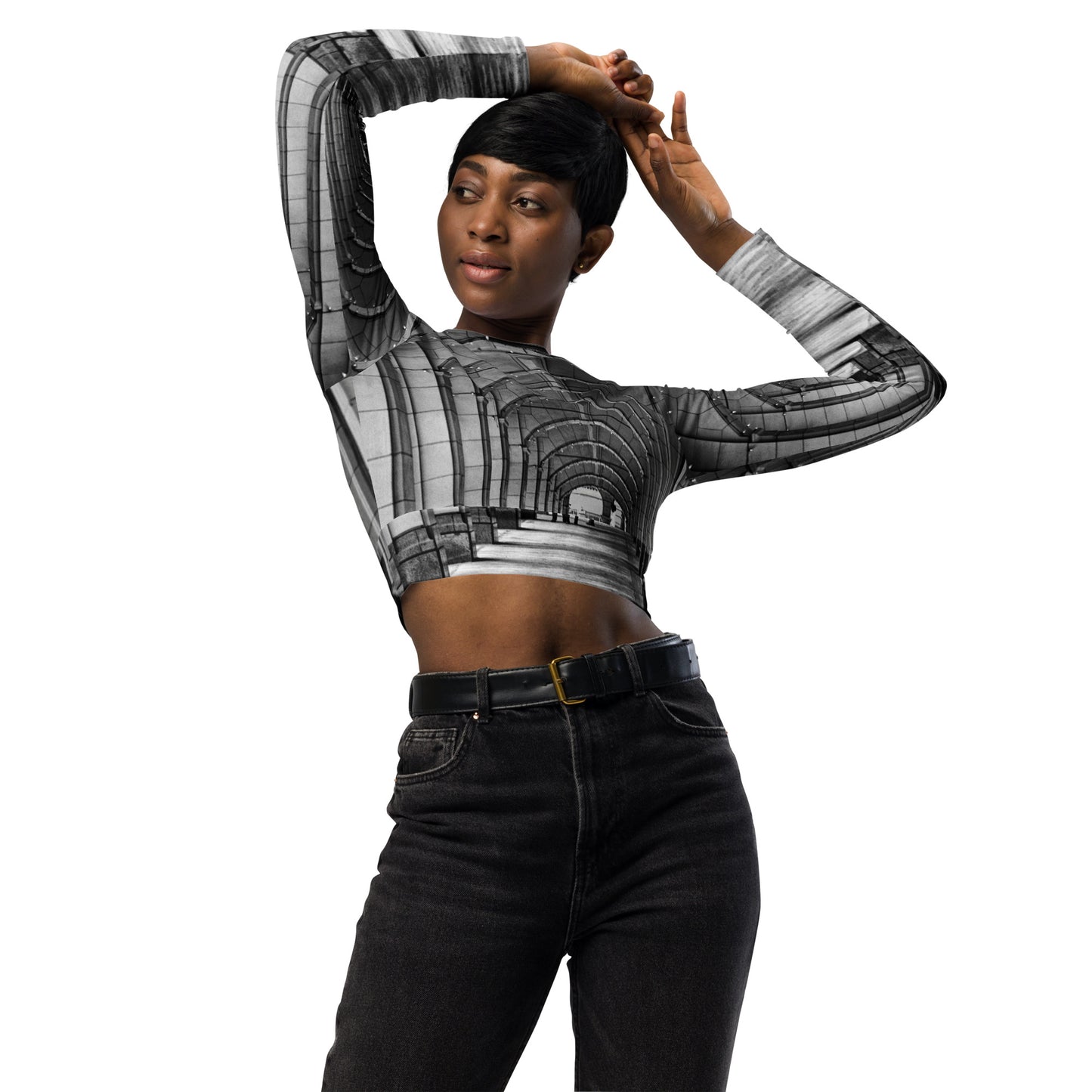 Recycled Long-Sleeve Crop Top - Downtown Calgary Hudson's Bay Sidewalk Black and White