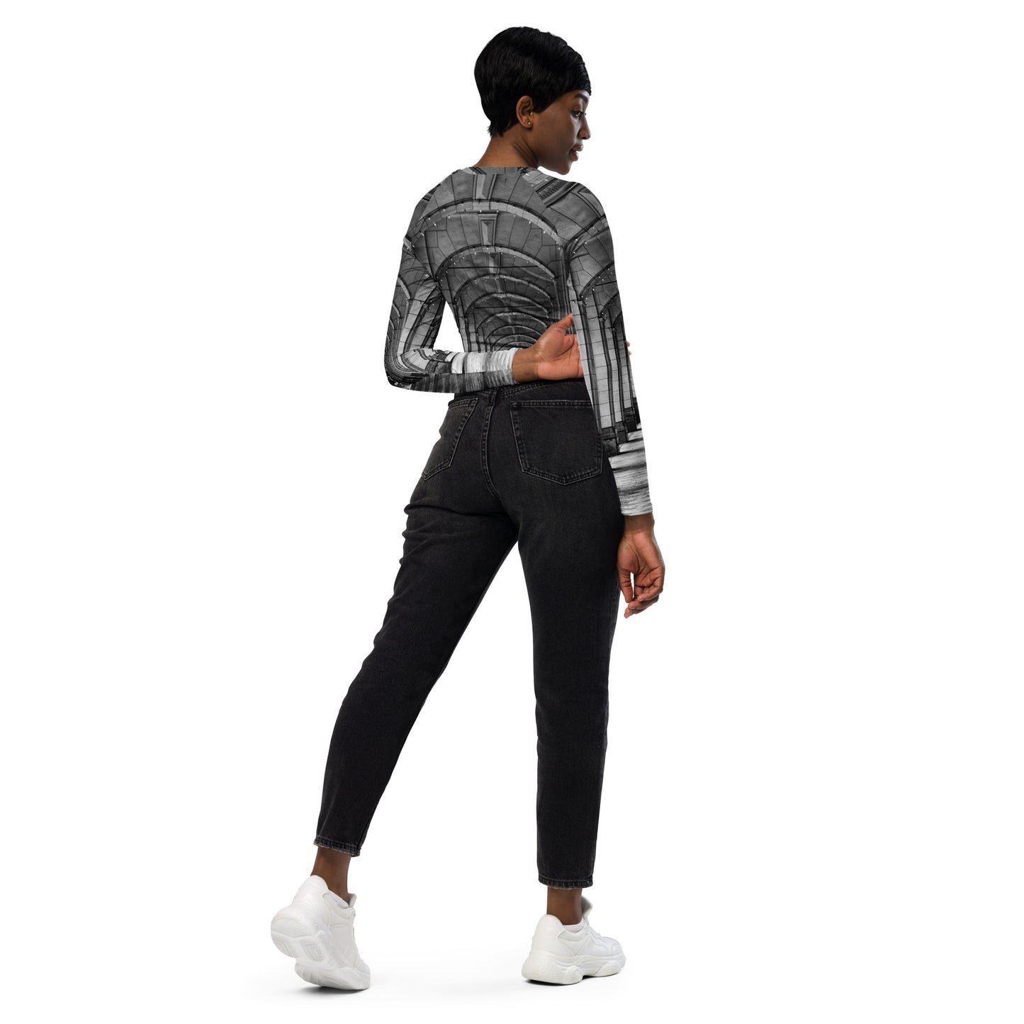 Recycled Long-Sleeve Crop Top - Downtown Calgary Hudson's Bay Sidewalk Black and White