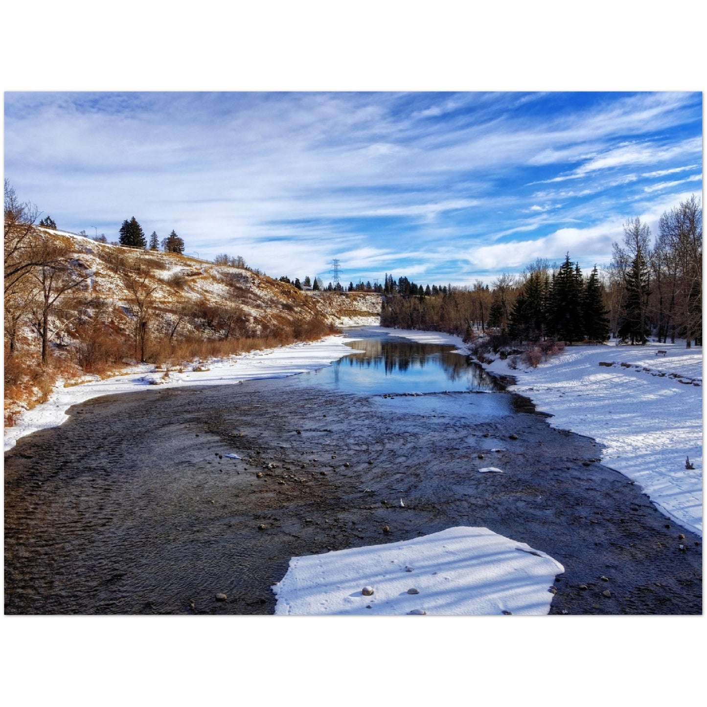 Premium Semi-Glossy Poster Print - Elbow River Winter Sandy Beach Park