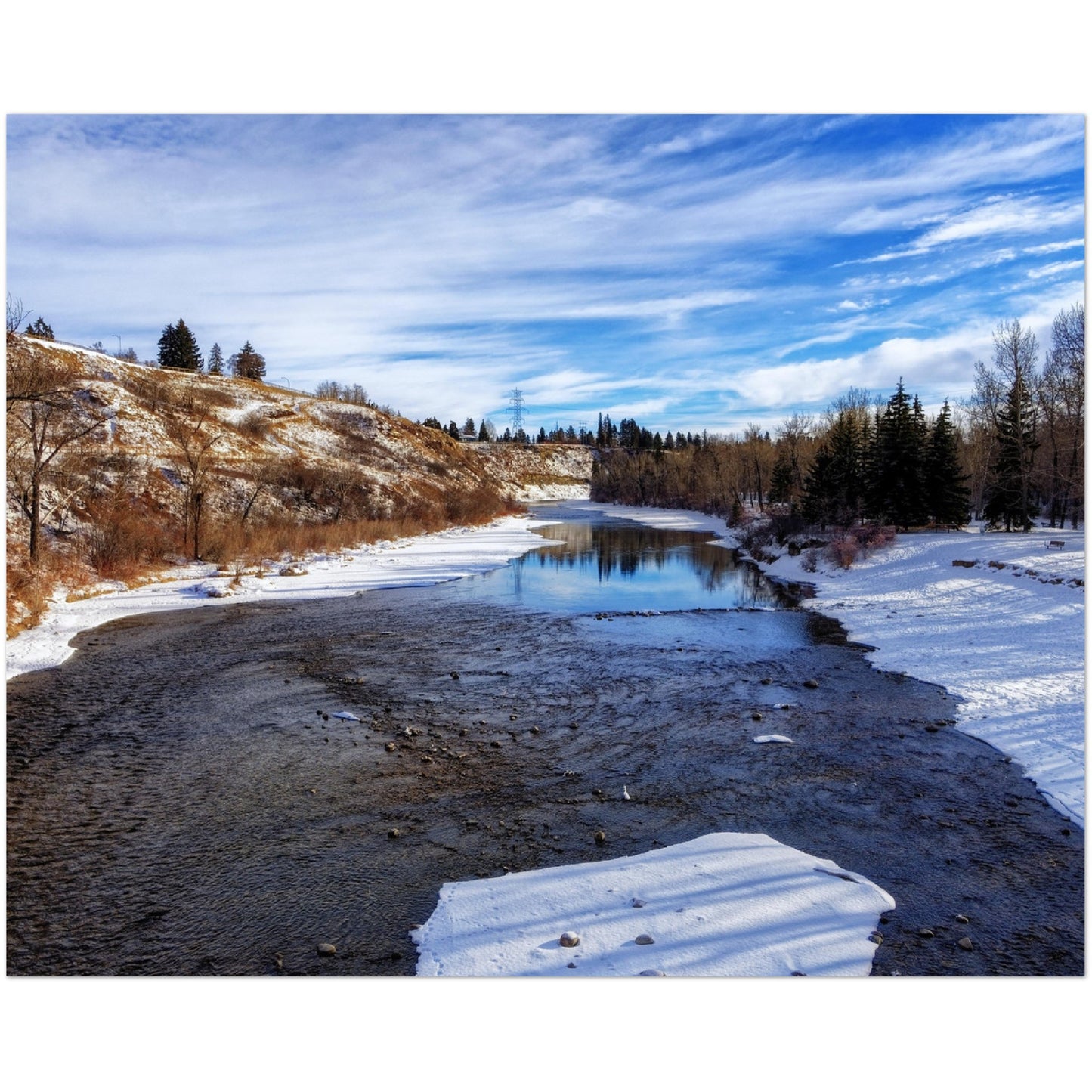 Premium Semi-Glossy Poster Print - Elbow River Winter Sandy Beach Park