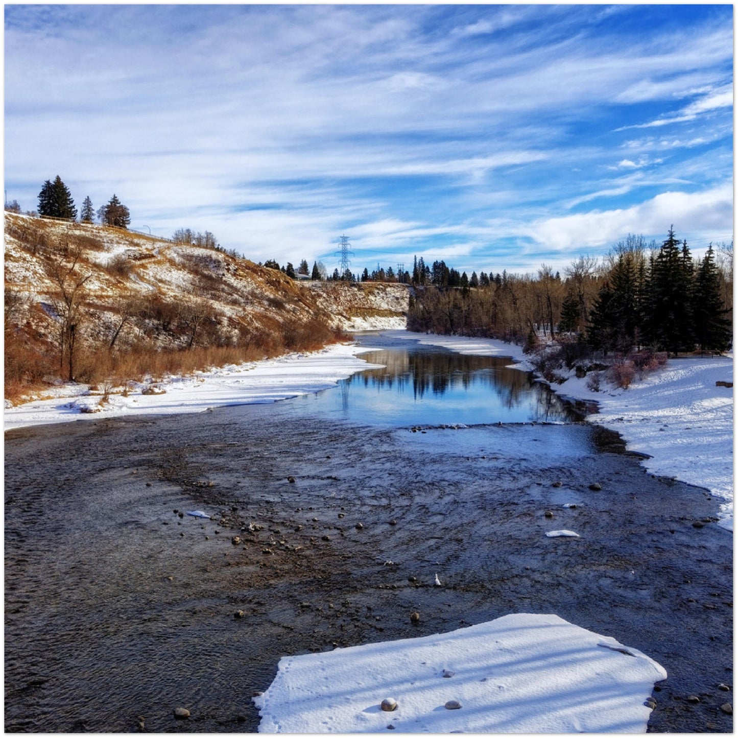 Premium Semi-Glossy Poster Print - Elbow River Winter Sandy Beach Park