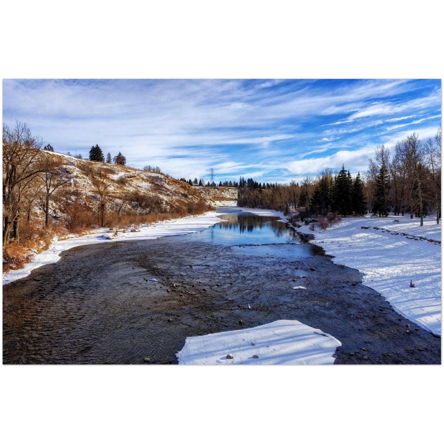 Premium Semi-Glossy Poster Print - Elbow River Winter Sandy Beach Park