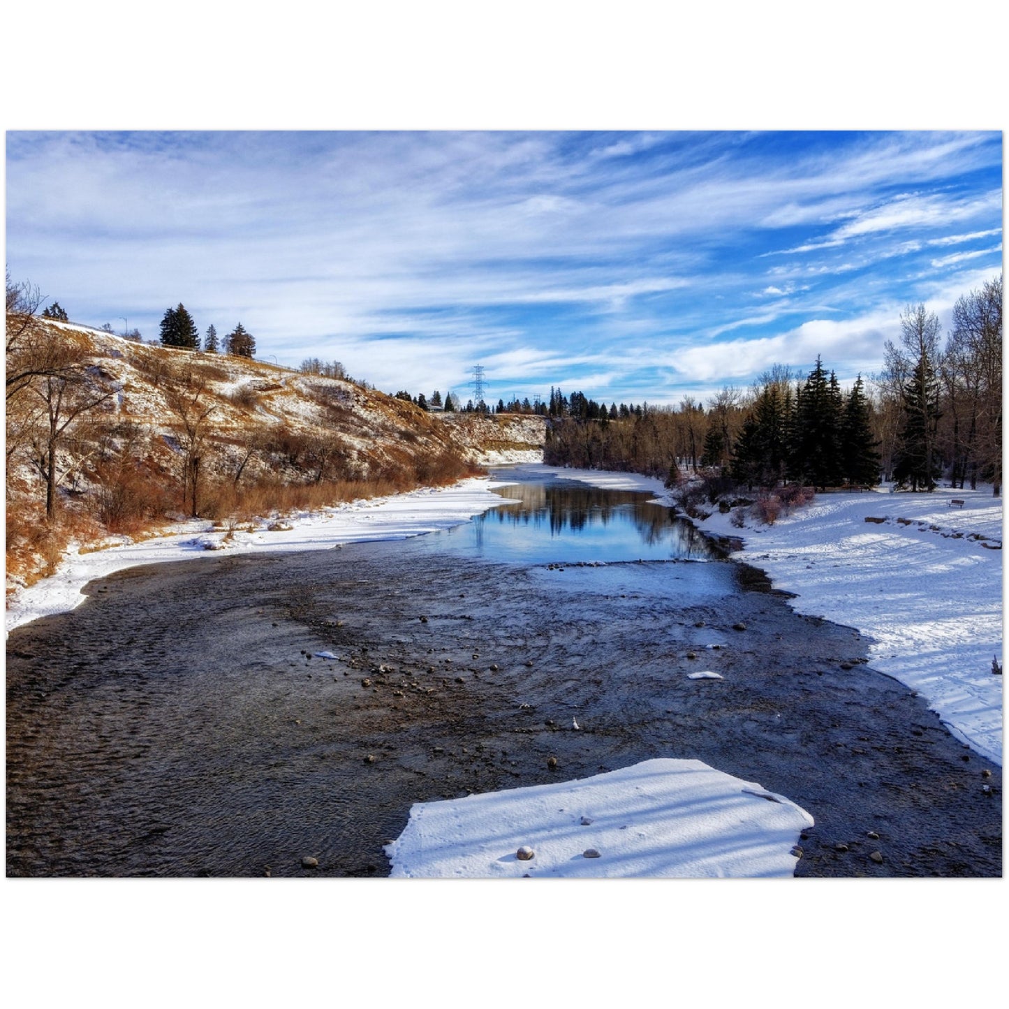 Premium Semi-Glossy Poster Print - Elbow River Winter Sandy Beach Park