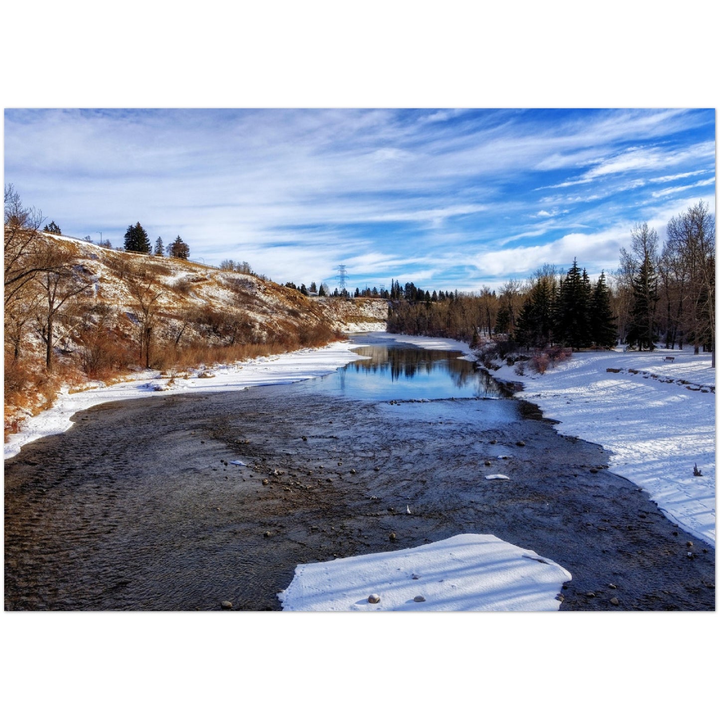 Premium Semi-Glossy Poster Print - Elbow River Winter Sandy Beach Park