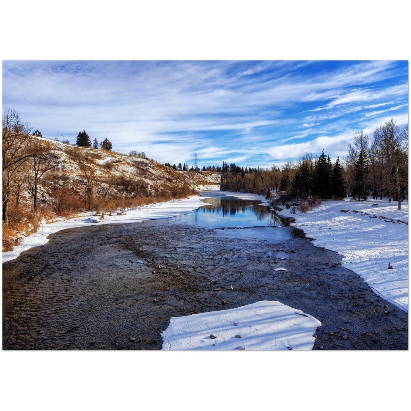 Premium Semi-Glossy Poster Print - Elbow River Winter Sandy Beach Park