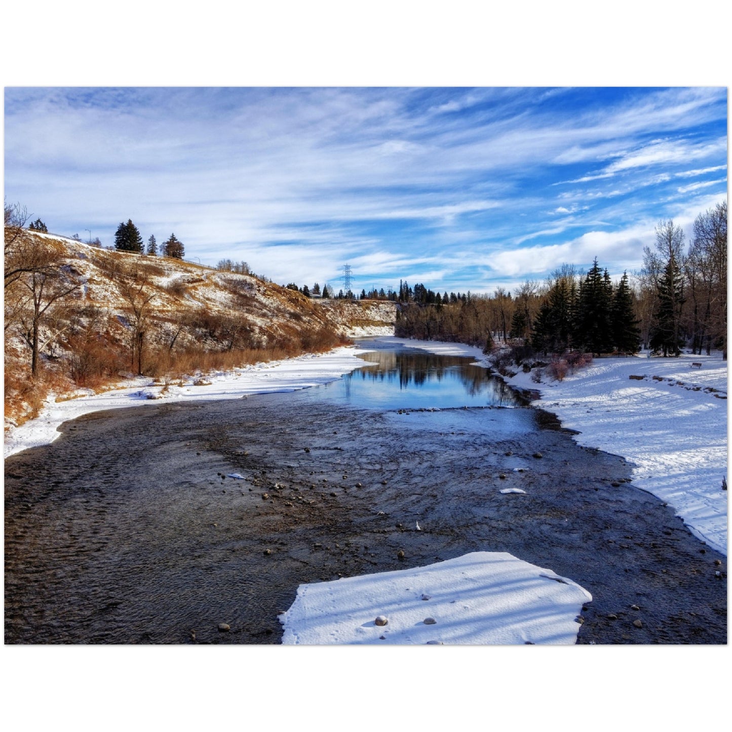 Premium Semi-Glossy Poster Print - Elbow River Winter Sandy Beach Park