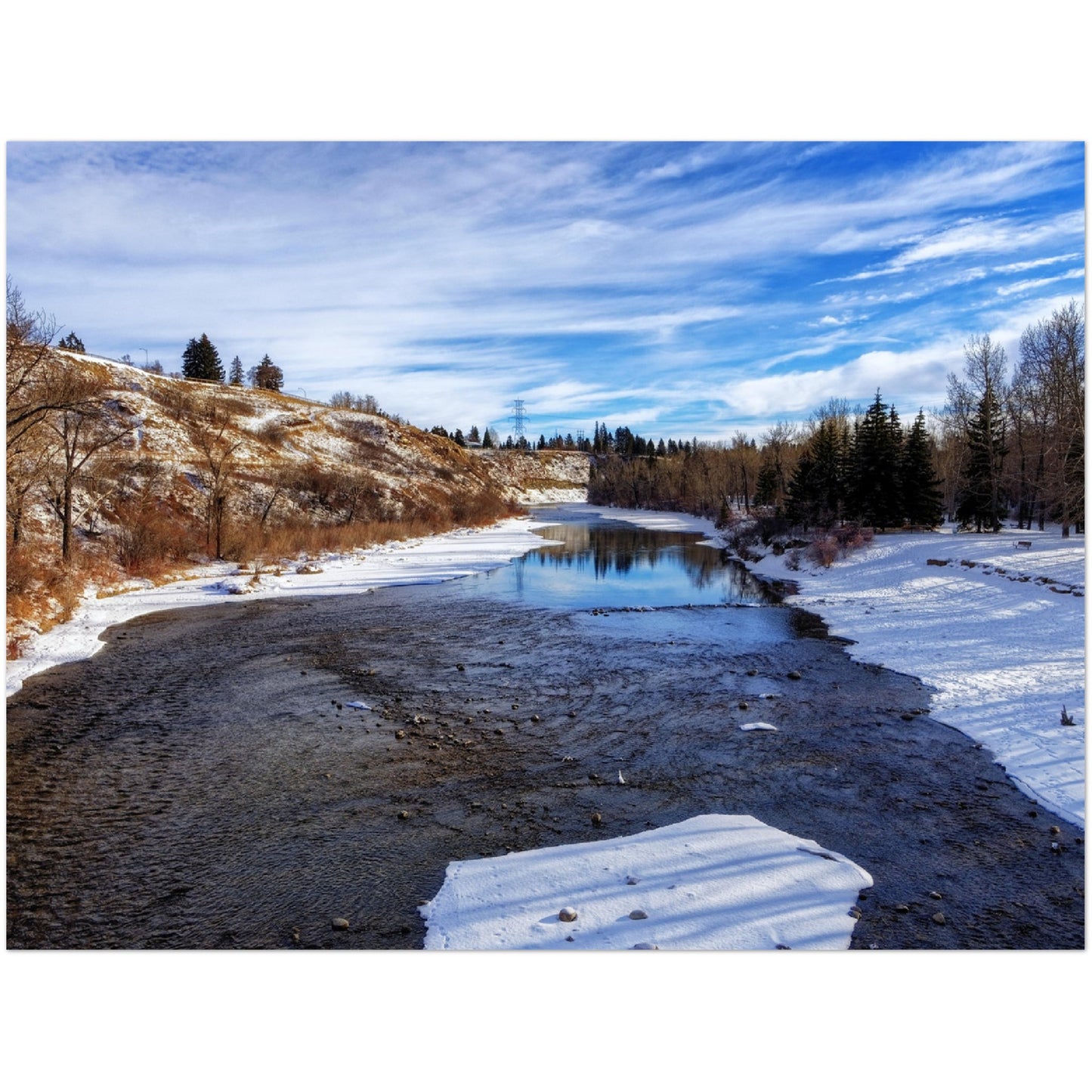Premium Semi-Glossy Poster Print - Elbow River Winter Sandy Beach Park