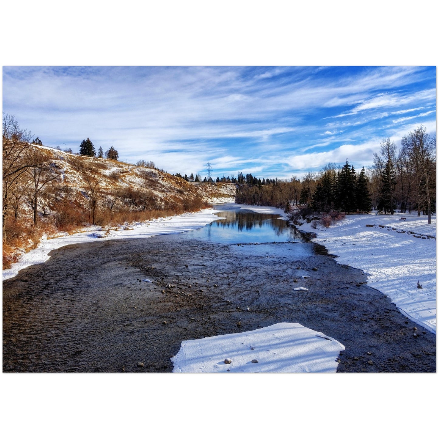 Premium Semi-Glossy Poster Print - Elbow River Winter Sandy Beach Park