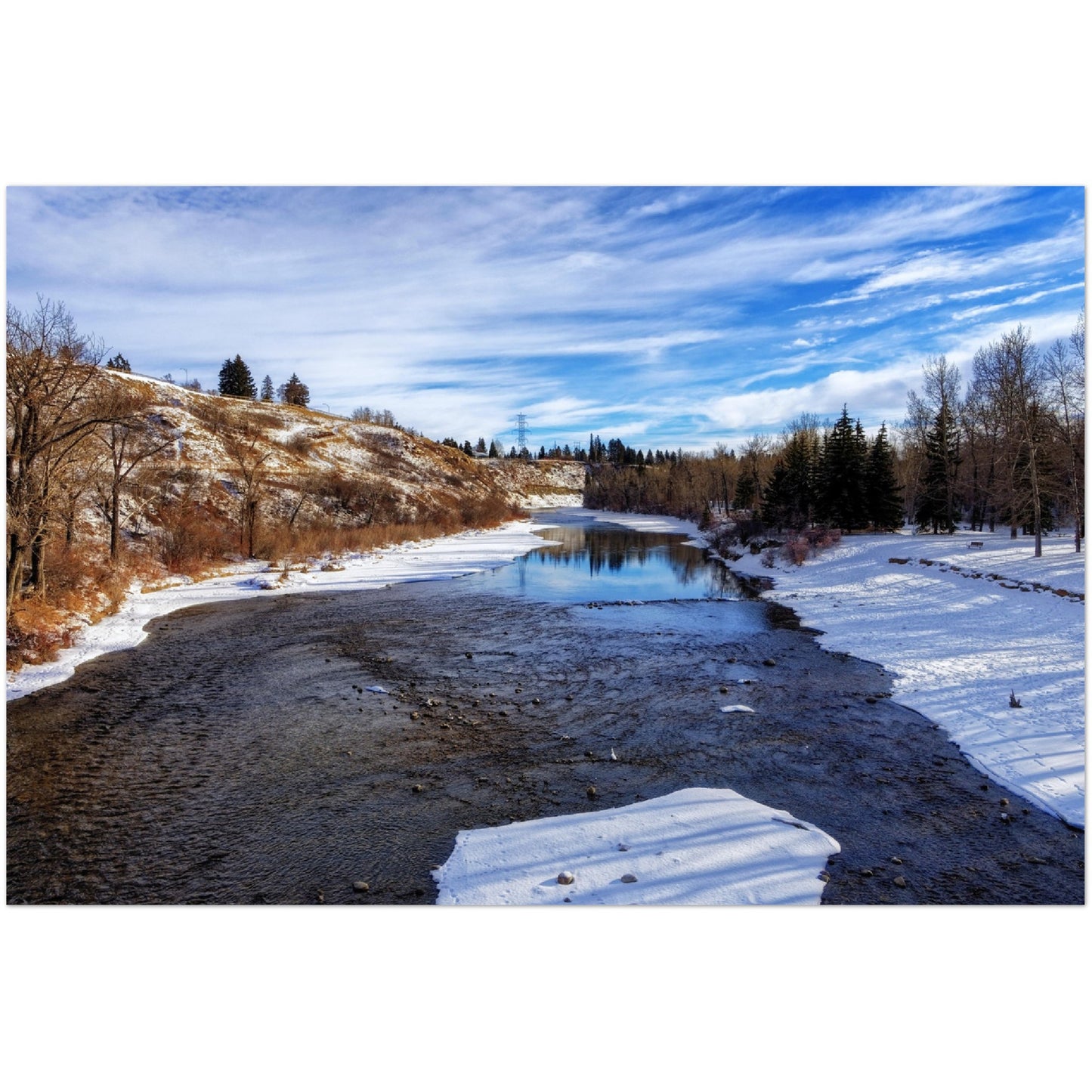 Premium Semi-Glossy Poster Print - Elbow River Winter Sandy Beach Park