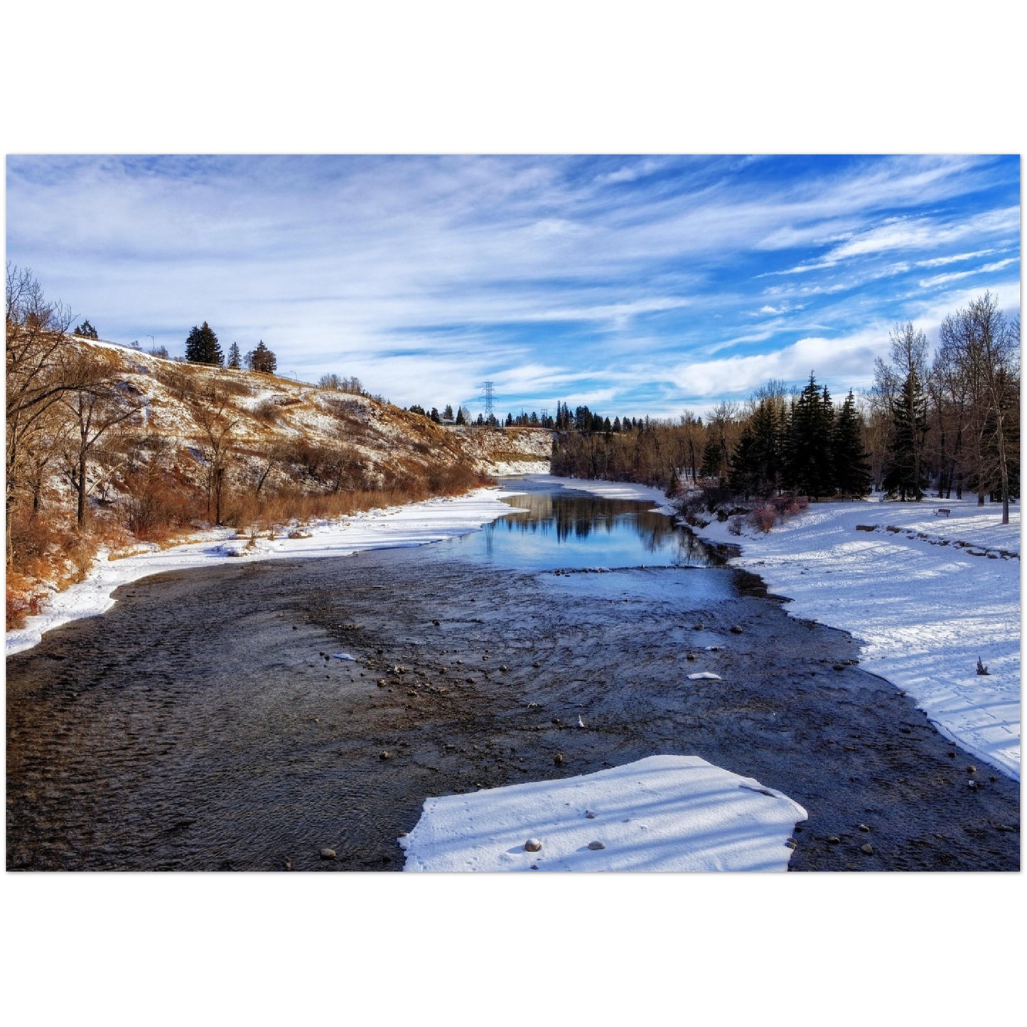 Premium Semi-Glossy Poster Print - Elbow River Winter Sandy Beach Park