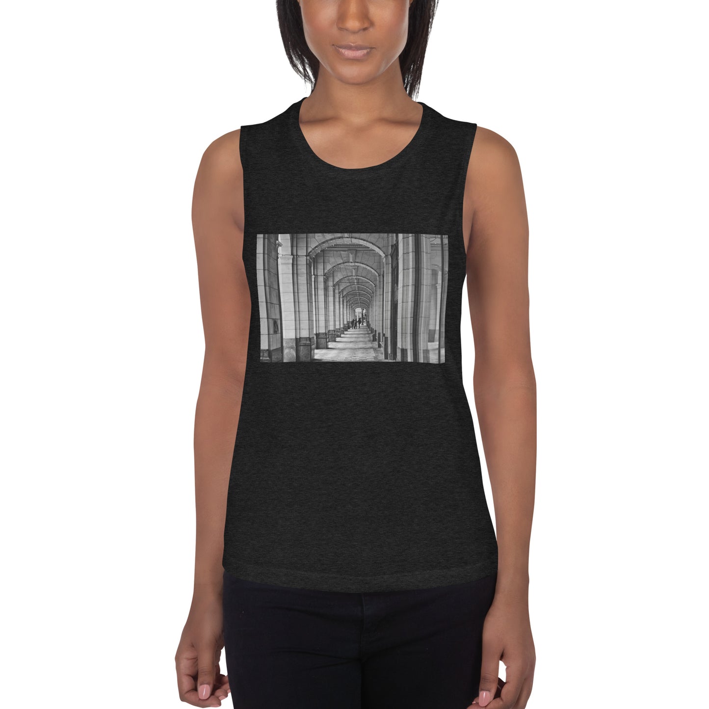 Ladies’ Muscle Tank - Downtown Calgary Hudson's Bay Sidewalk Black and White