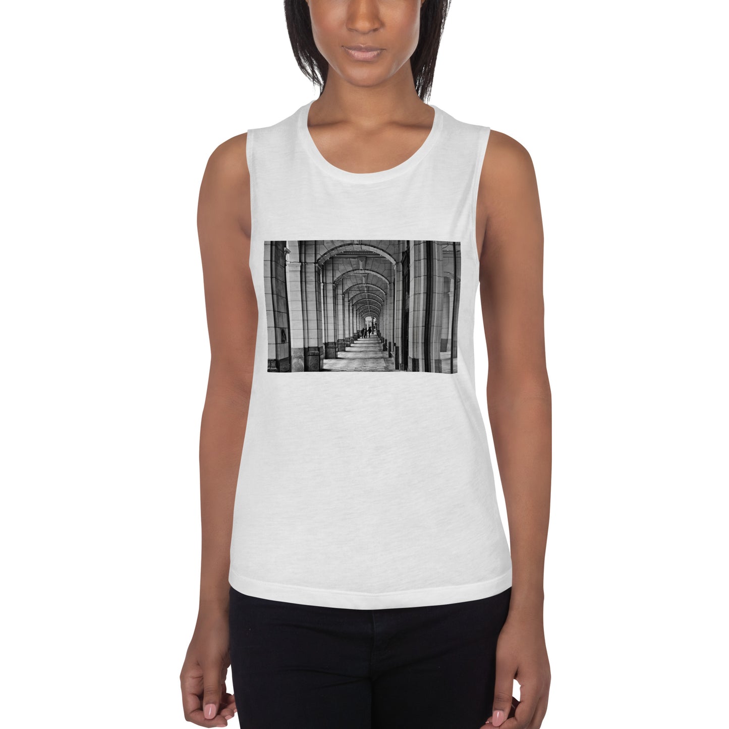 Ladies’ Muscle Tank - Downtown Calgary Hudson's Bay Sidewalk Black and White