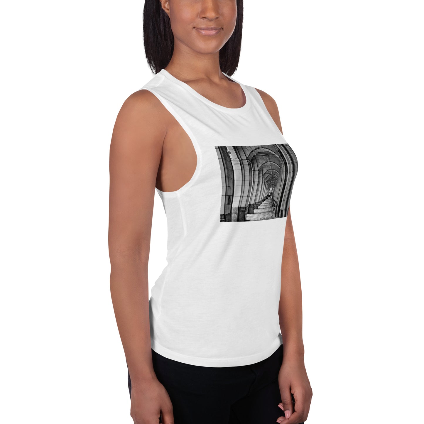 Ladies’ Muscle Tank - Downtown Calgary Hudson's Bay Sidewalk Black and White