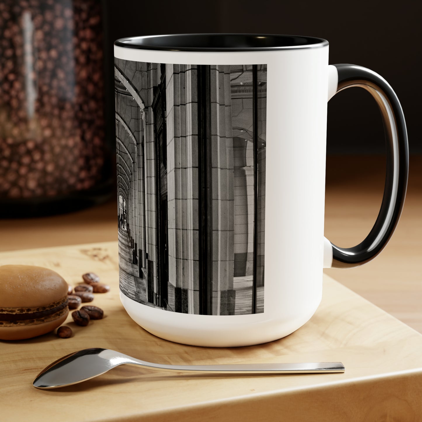 Accent Coffee Mugs, 15oz - Downtown Calgary Hudson's Bay Sidewalk Black and White