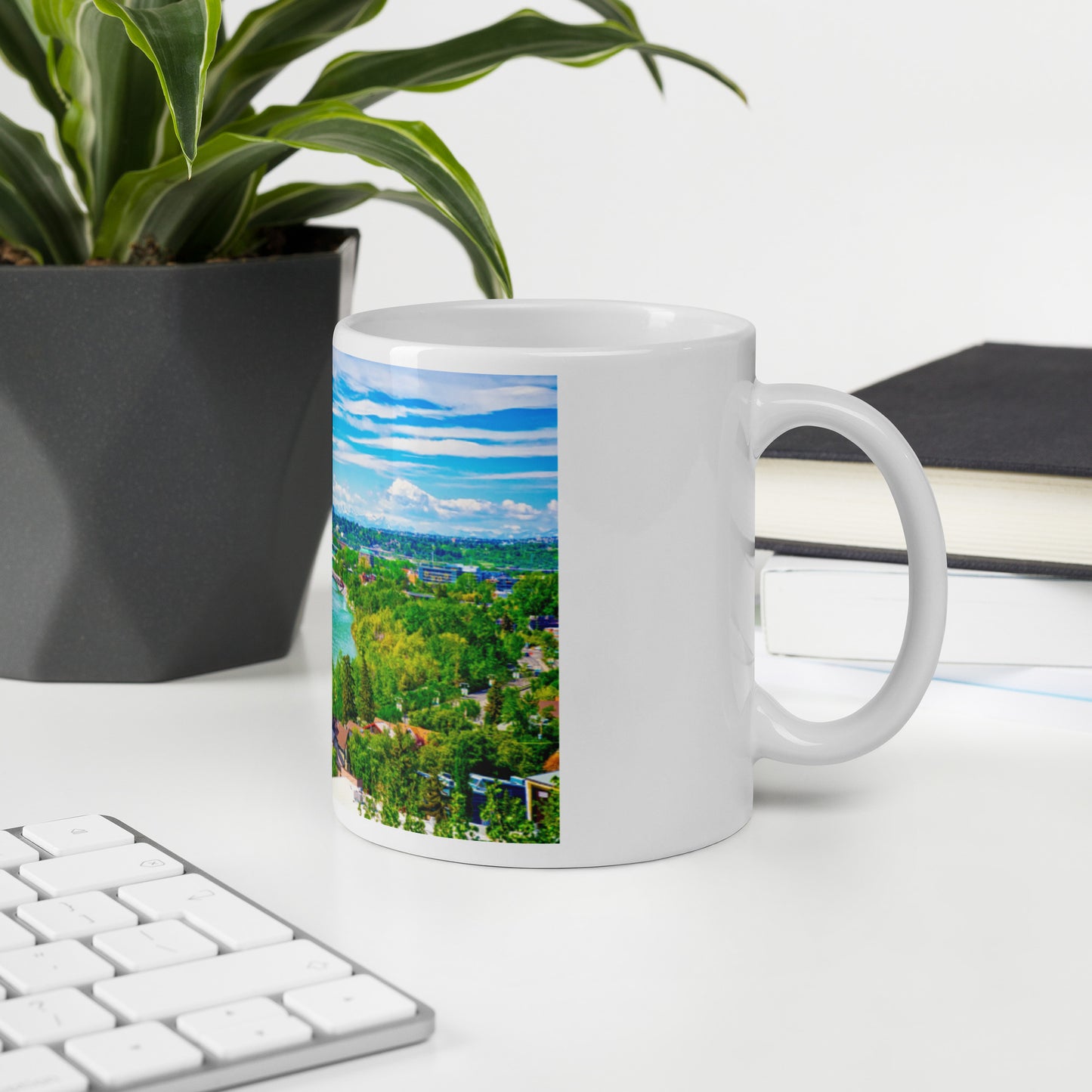 White Glossy Mug - Bow River Peace Bridge McHugh Bluff Spring HDR