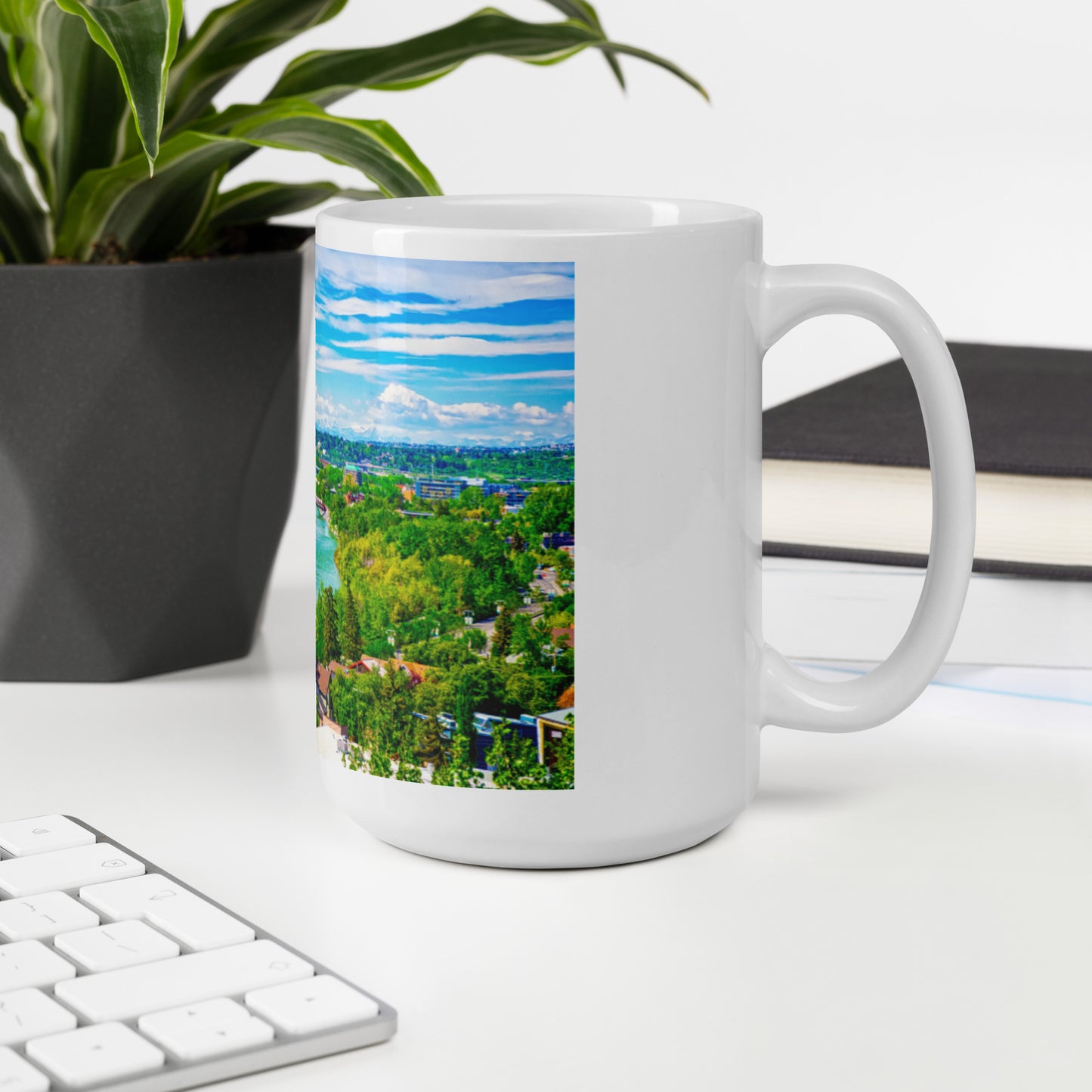 White Glossy Mug - Bow River Peace Bridge McHugh Bluff Spring HDR